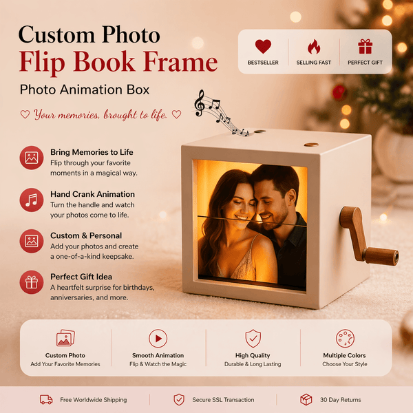 Custom photo flip book frame with hand-crank animation, shown with a couple's photo on a festive background.