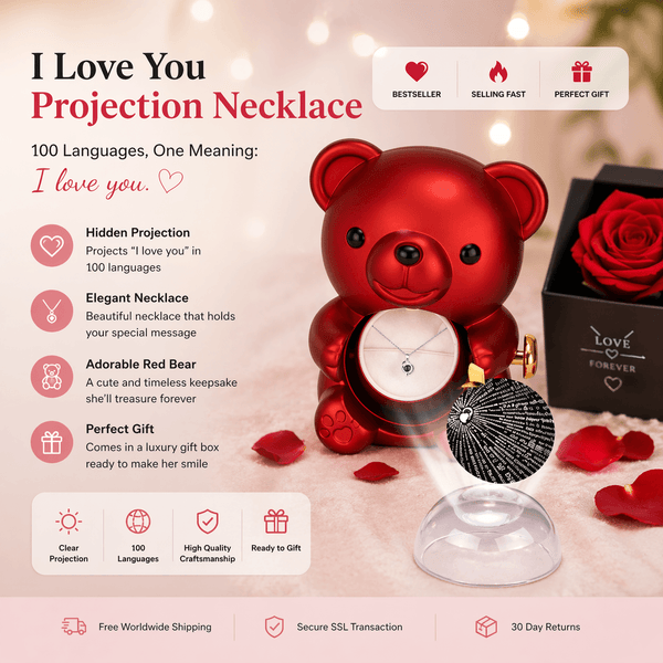 Red bear-shaped projection necklace with 'I Love You' message on a pink background