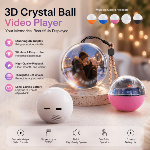3D Crystal Ball Video Player with features listed on a blurred background