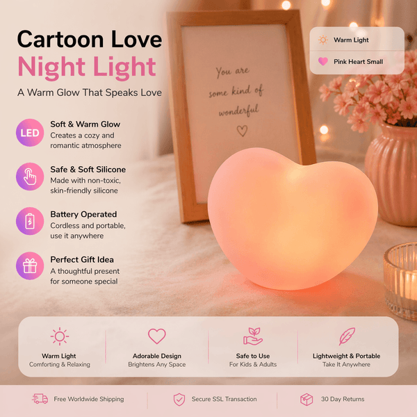 Heart-shaped night light with product features on a soft focus background